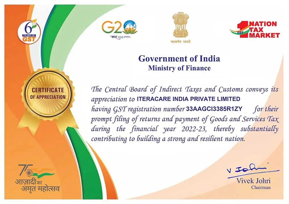 Certificate of appreciation from the Central Board of Indirect Taxes and Customs