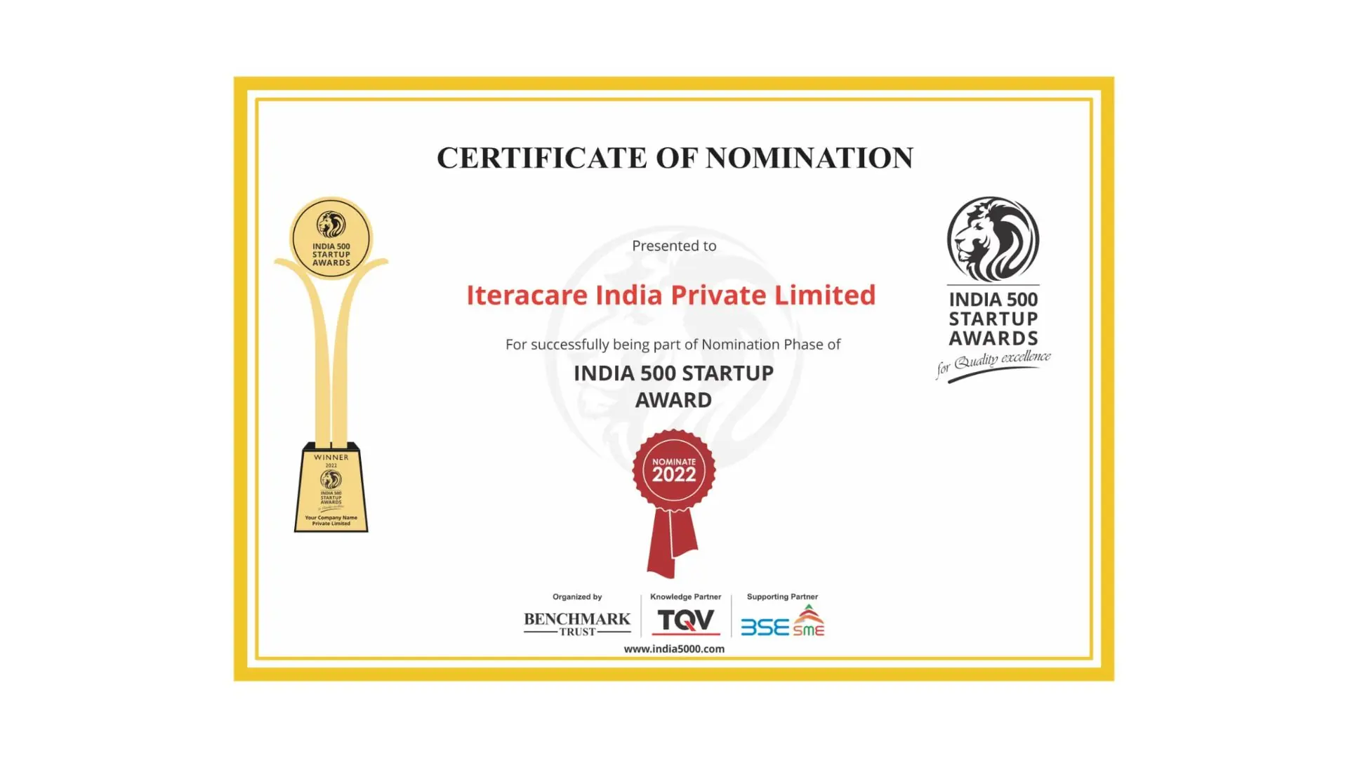 Certificate of nomination, India 500 Startup Awards 2022