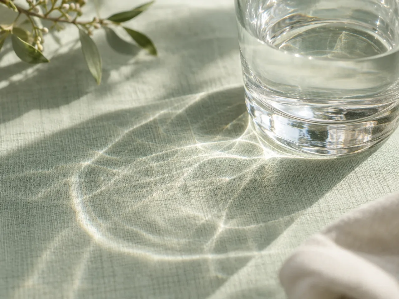 A glass of water in soft daylight on a pale green cloth